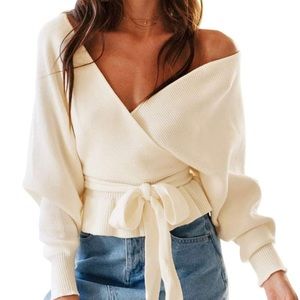 ZESICA Women's 2023 Fall Wrap V Neck Long Batwing Sleeve